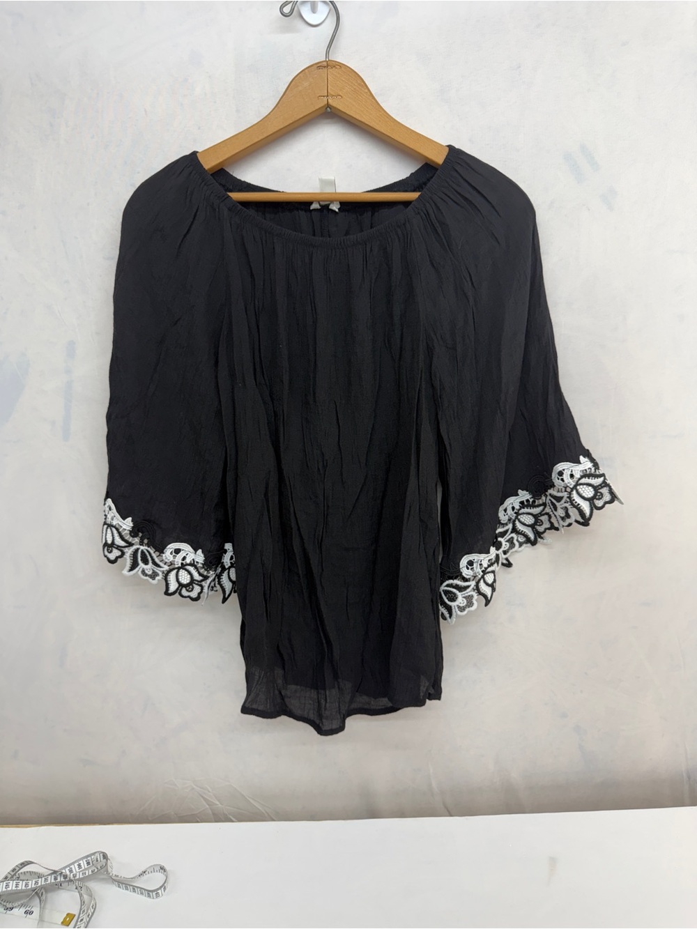 Black Peasant Tunic with White Lace Sleeve Trim